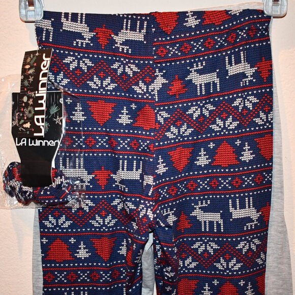 LA Winner Christmas Leggings - 2 pair Blue/Gray - and Scrunchie - Sz Small - NWT - Picture 5 of 5